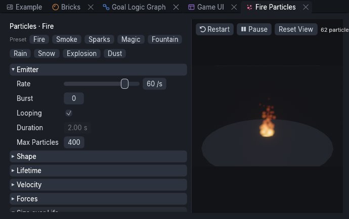 The particle editor playing a fire effect